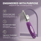 Close up of Poodlie pet dematting brush with long metal safety blades.