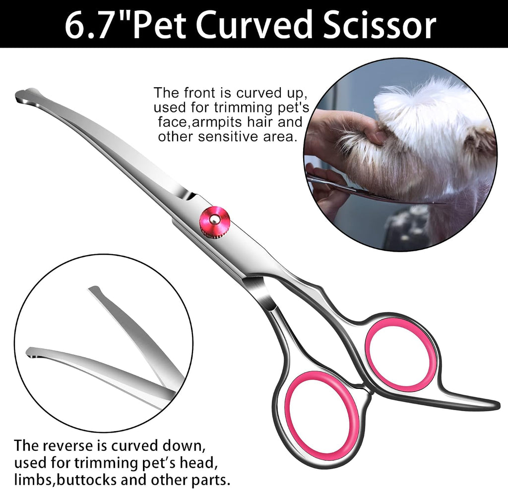 Curved grooming scissors for dogs trimming sensitive areas safely.