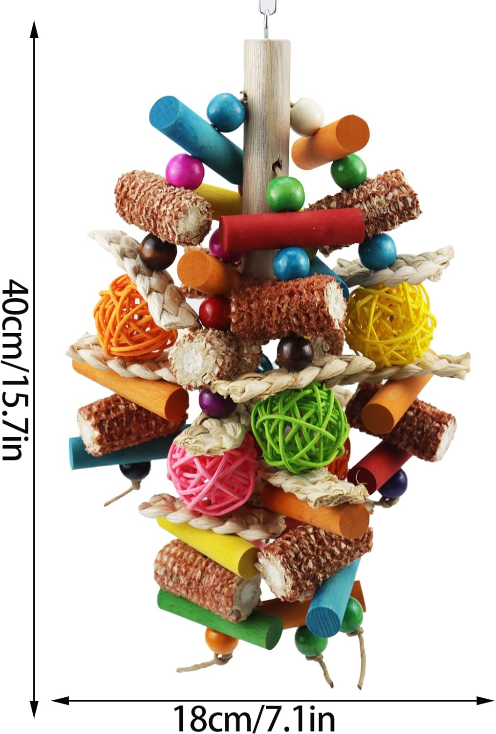 Detailed view of non-toxic colored wood and rattan foraging bird toy.
