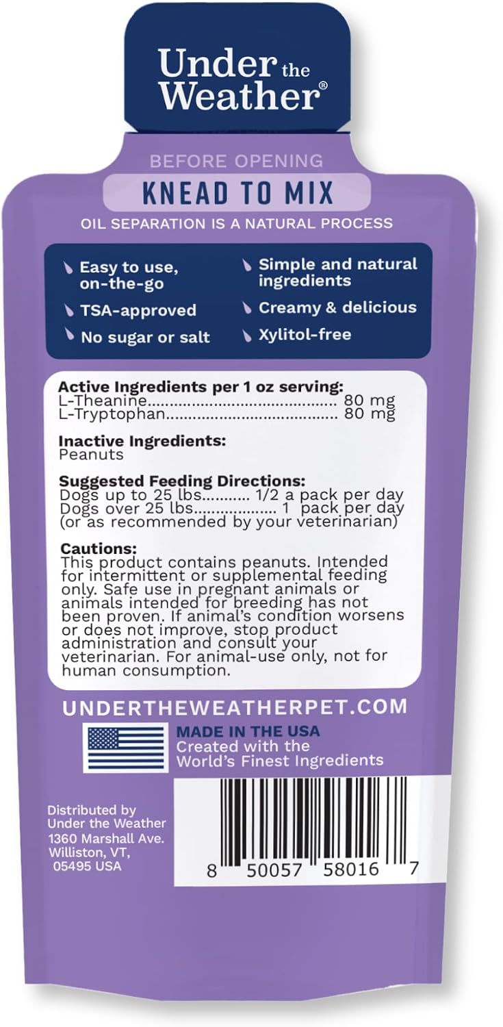 Under the Weather pet anxiety care product instructions and dosage chart