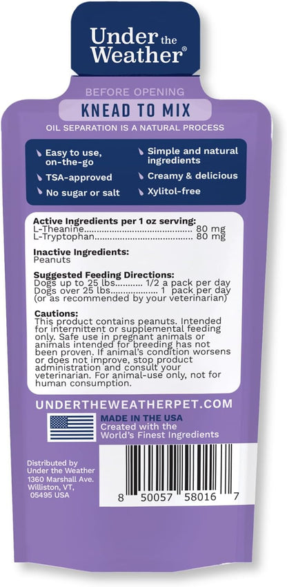 Under the Weather pet anxiety care product instructions and dosage chart