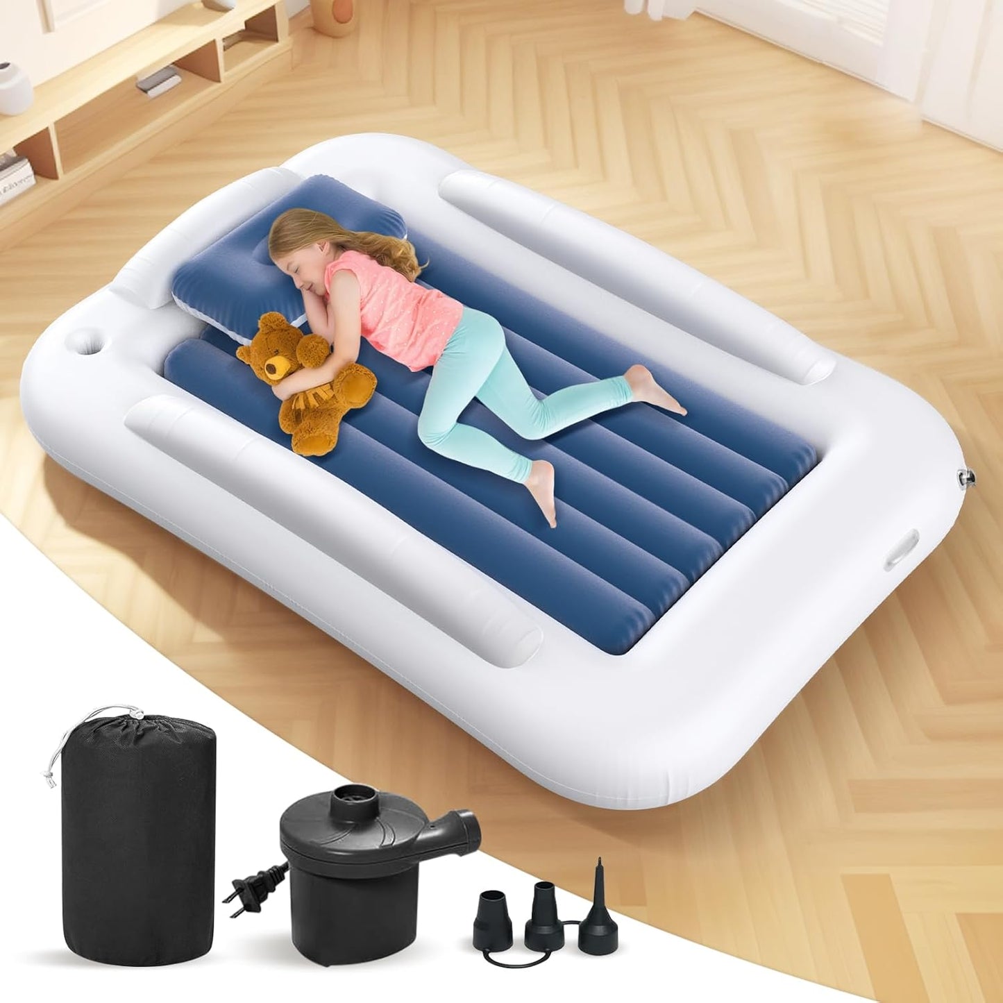 Deeteck inflatable toddler travel bed front view in sea blue color
