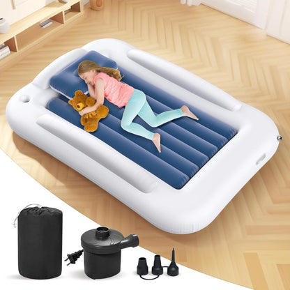 Deeteck inflatable toddler travel bed front view in sea blue color