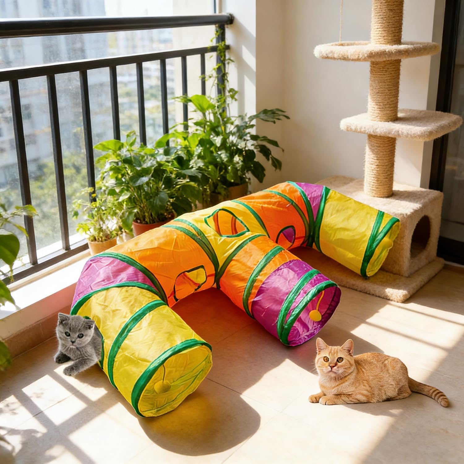 3 Way Collapsible Cat Tunnels with Interactive Ball, E Shape Folded Pet Tube Toy for Indoor Cats, Puppy, Kitty, Kitten, Rabbit - Image 9