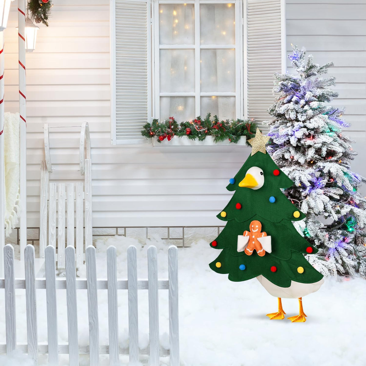 Imported American style lawn goose outfit set up on a front porch