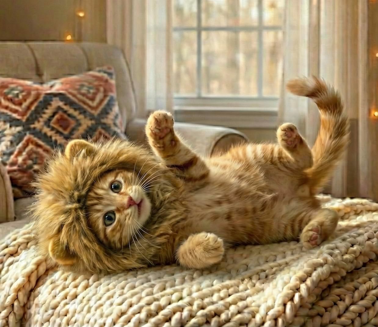 Cat wearing funny lion mane costume with plush ears