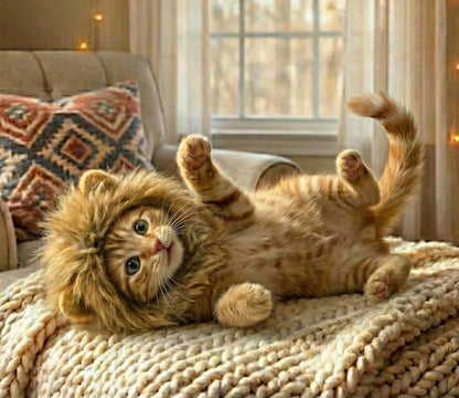 Cat wearing funny lion mane costume with plush ears