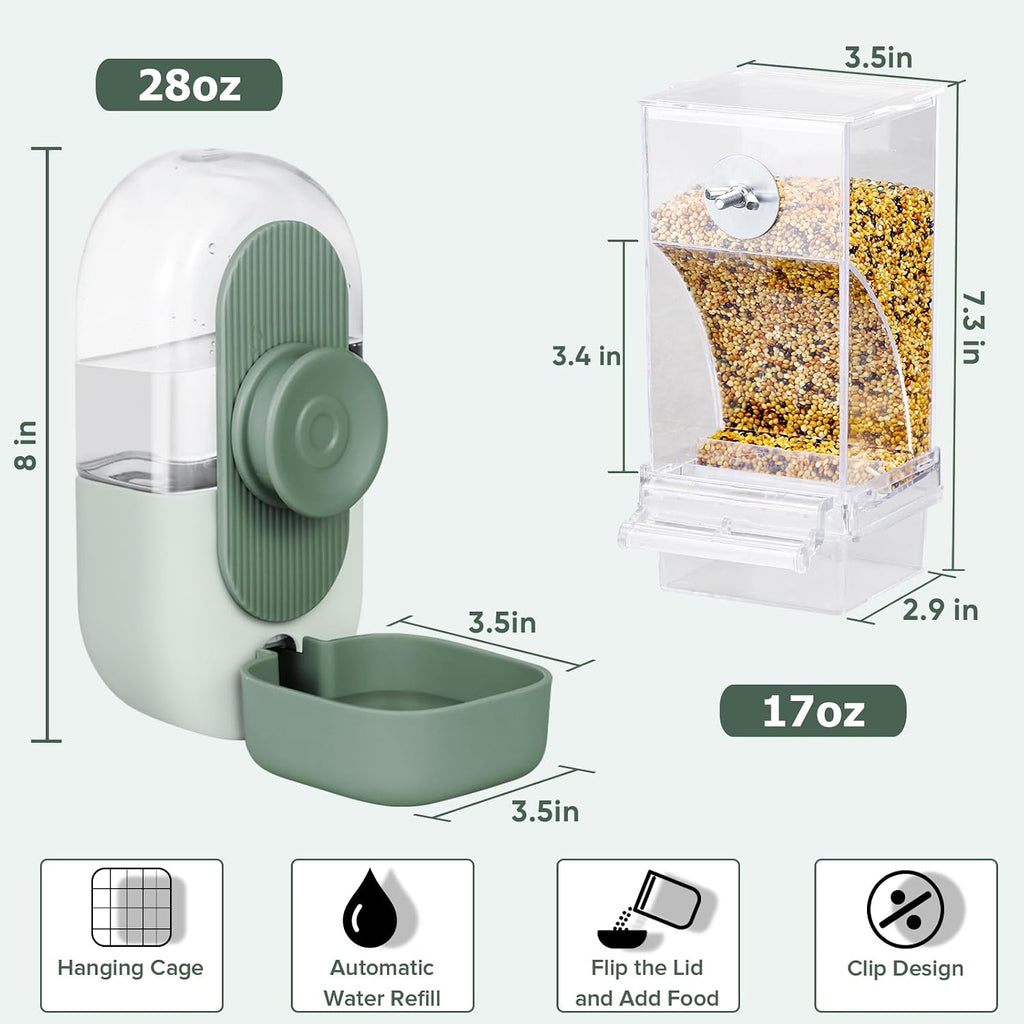 Transparent acrylic automatic bird waterer and seed feeder set installed on cage.