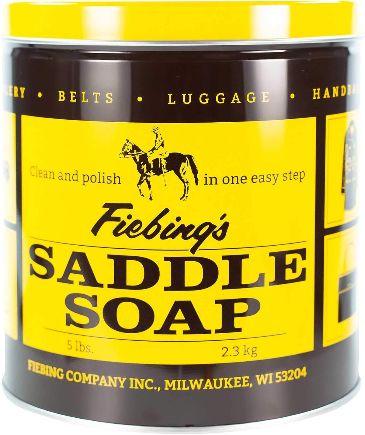 Fiebings White Leather Saddle Soap front view of five pound tub container