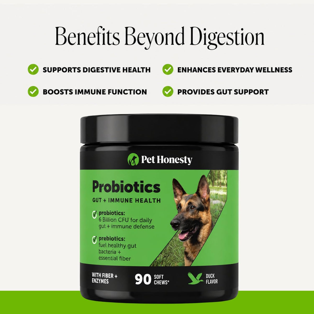Pet Honesty advanced canine digestive enzymes duck flavored soft chews container details.