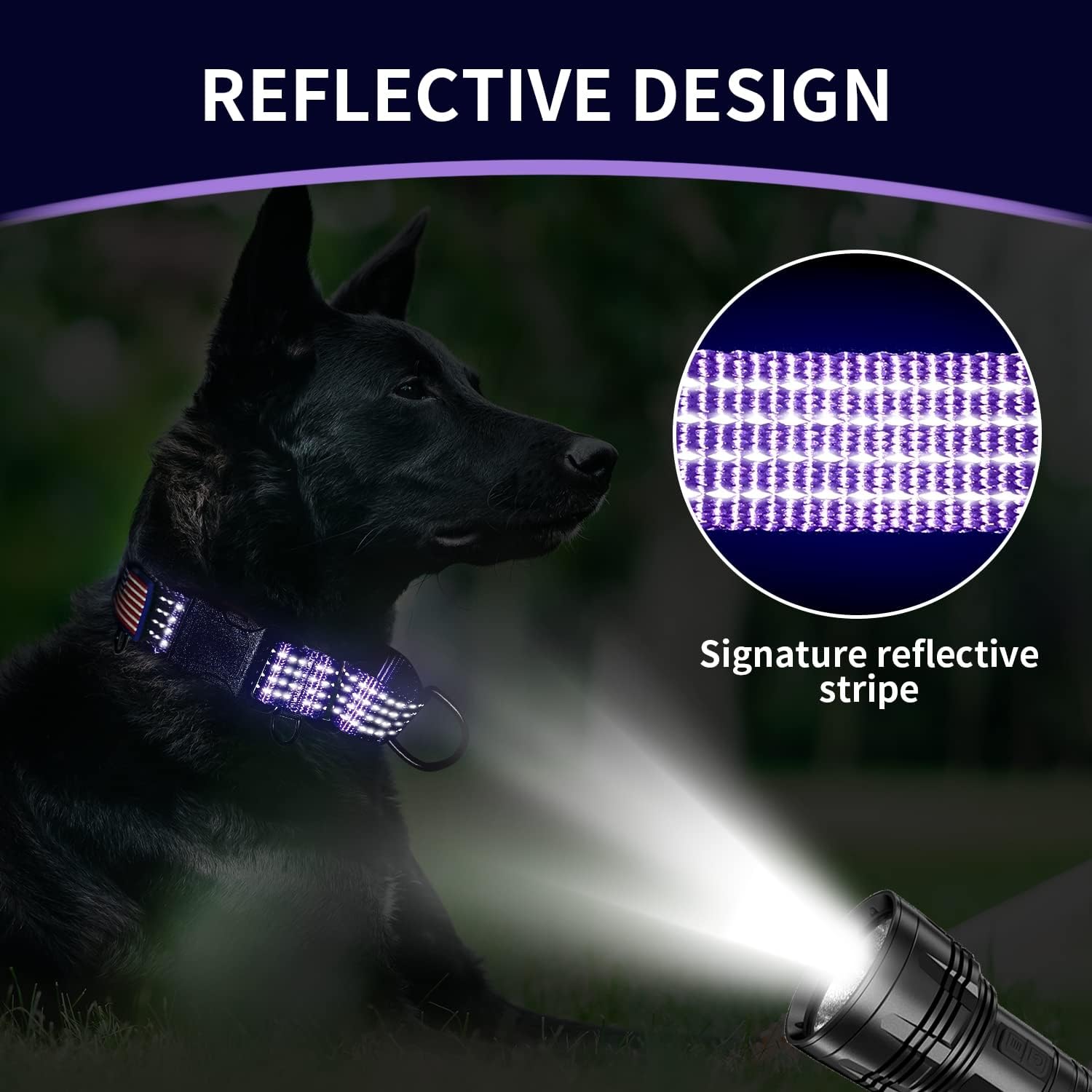 Luckydc reflective escape proof collar showing the premium black hardware close up.