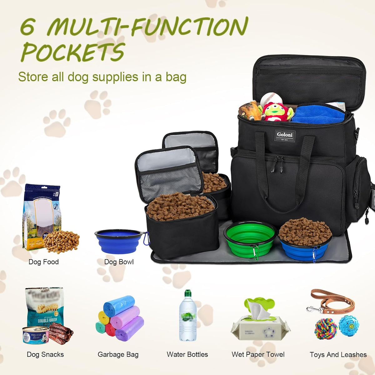 Goloni black pet weekend travel set attached to a luggage handle