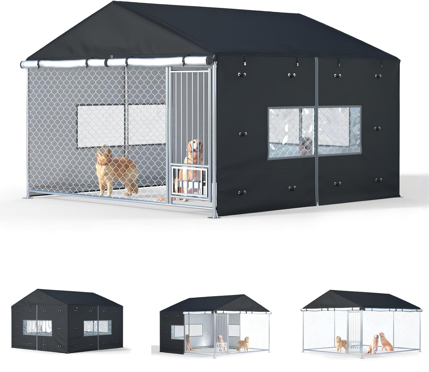 Lybosh outdoor dog kennel cover front view full coverage black