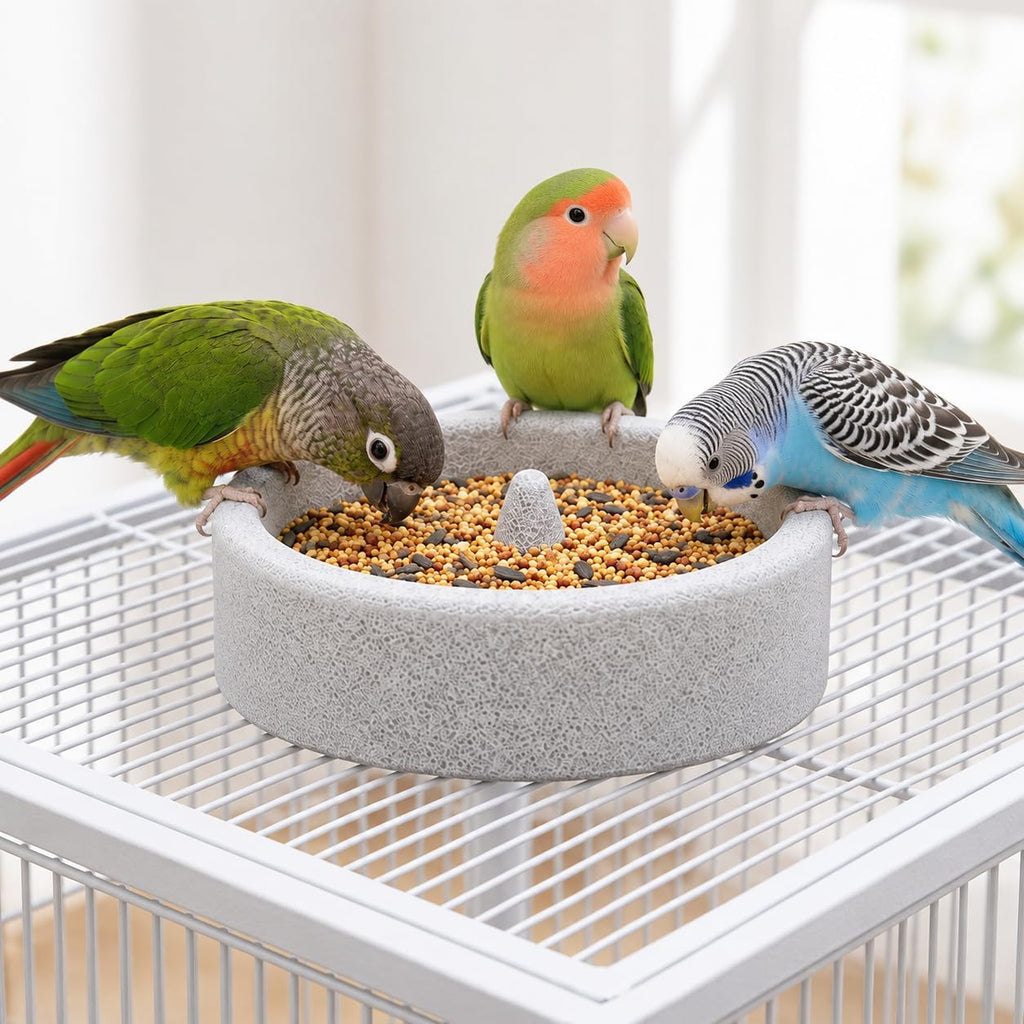 Bird Feeding Bowl with Natural Volcanic Stone, Sturdy Beak Grinding Tray for Cockatiel, Macaw, Budgie, Lovebird and Small Pets - Image 1