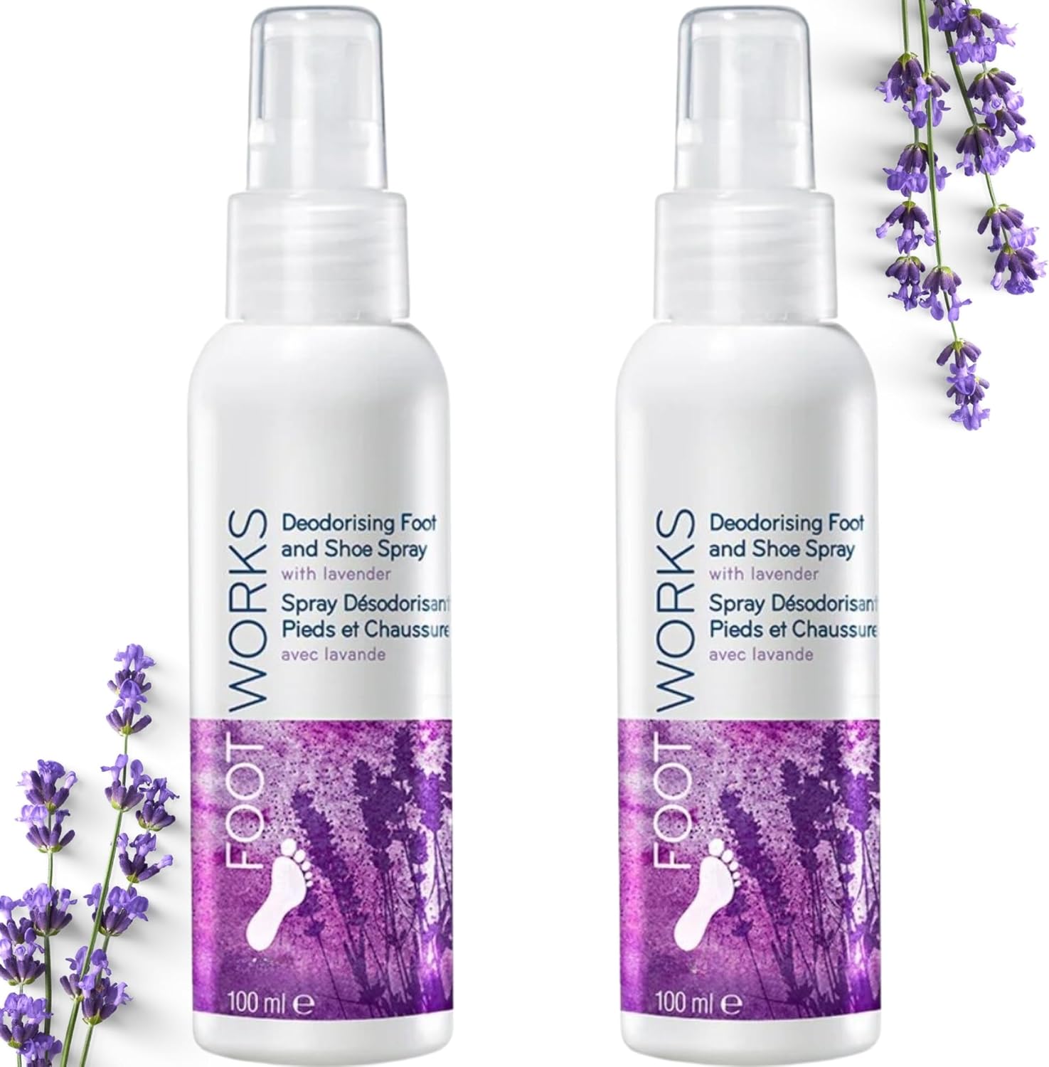 FitGenx Avon Foot Works Lavender Spray 2-piece set front view for odor control.