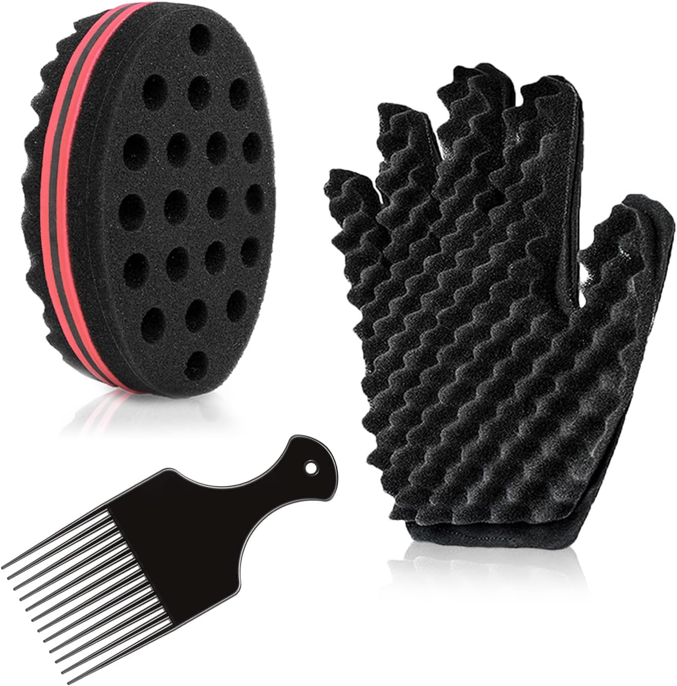 SupGene 3Pcs Afro Hair Sponge Kit featuring the double sided foam brush steel pick comb and styling glove
