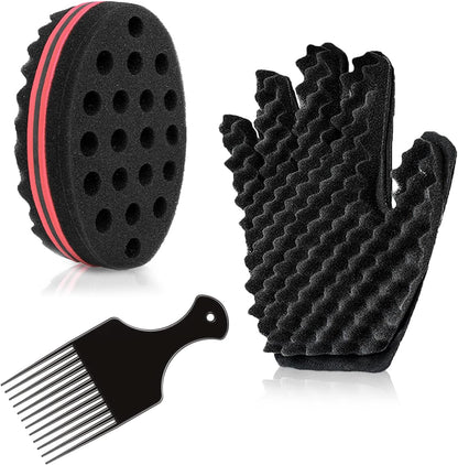 SupGene 3Pcs Afro Hair Sponge Kit featuring the double sided foam brush steel pick comb and styling glove