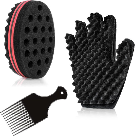SupGene 3Pcs Afro Hair Sponge Kit featuring the double sided foam brush steel pick comb and styling glove