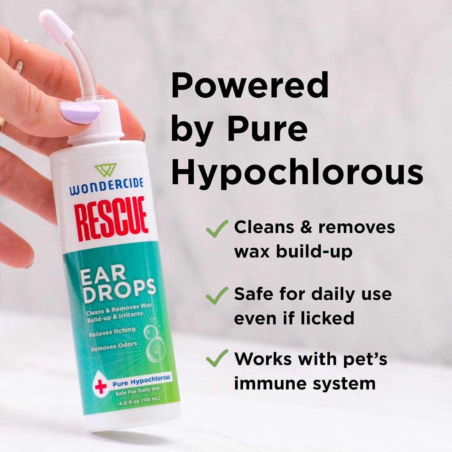 Side profile of Wondercide Rescue 4 oz pet ear care bottle