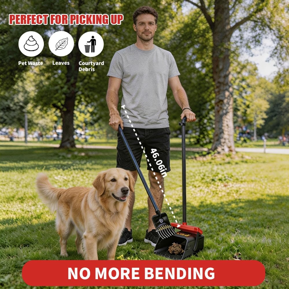 WuzoClean dog waste rake picking up litter on green yard grass.