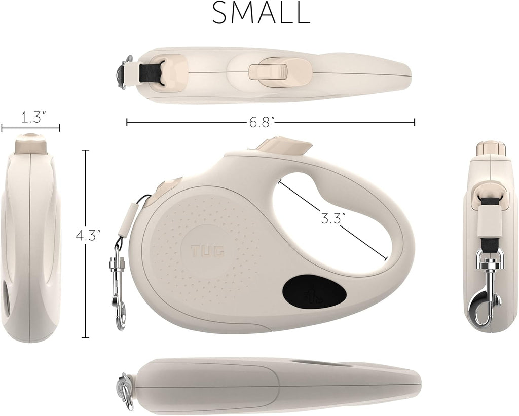Human hand holding cream TUG retractable leash for comfort demonstration