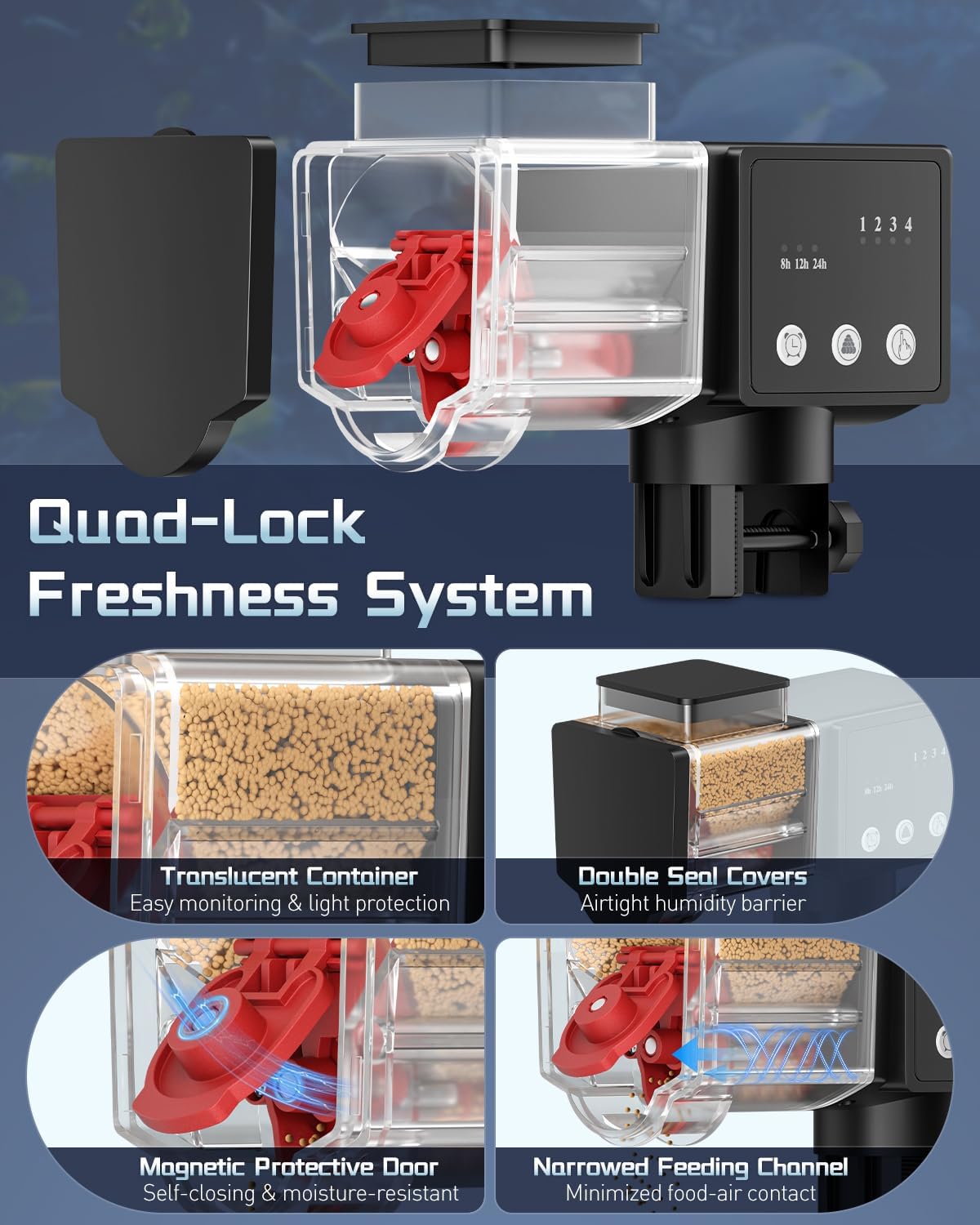 Pawfly automatic aquarium dispenser installed using the rotatable mounting bracket.