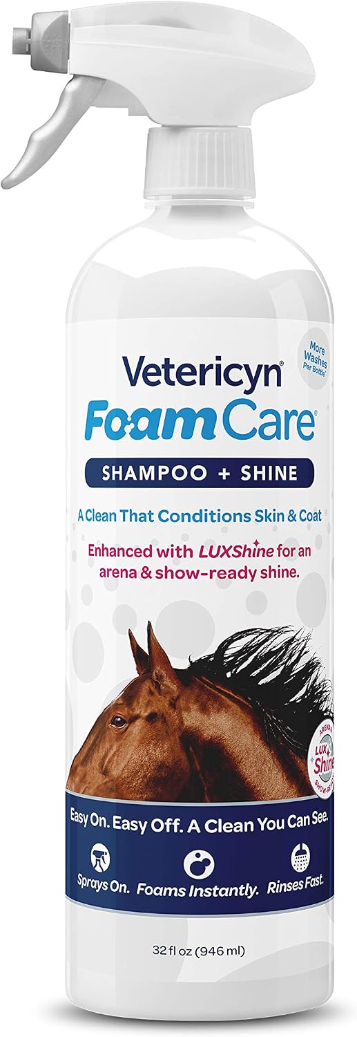 Medicated horse shampoo foaming spray application details for itchy skin care.