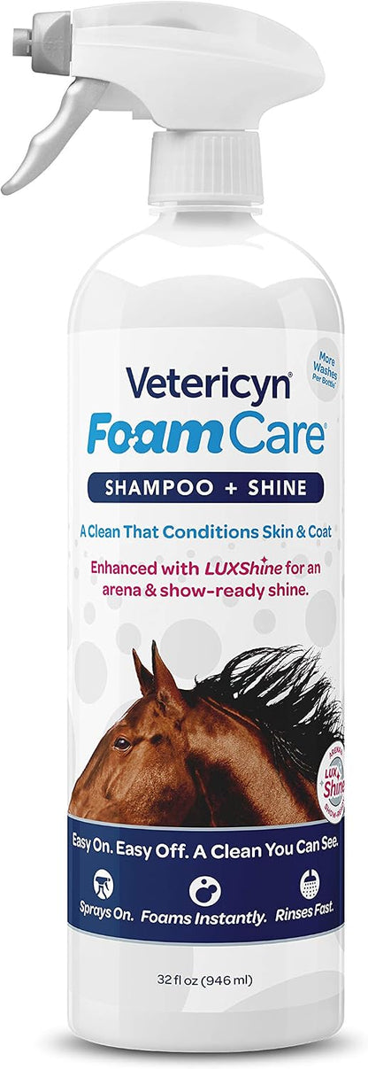 Medicated horse shampoo foaming spray application details for itchy skin care.
