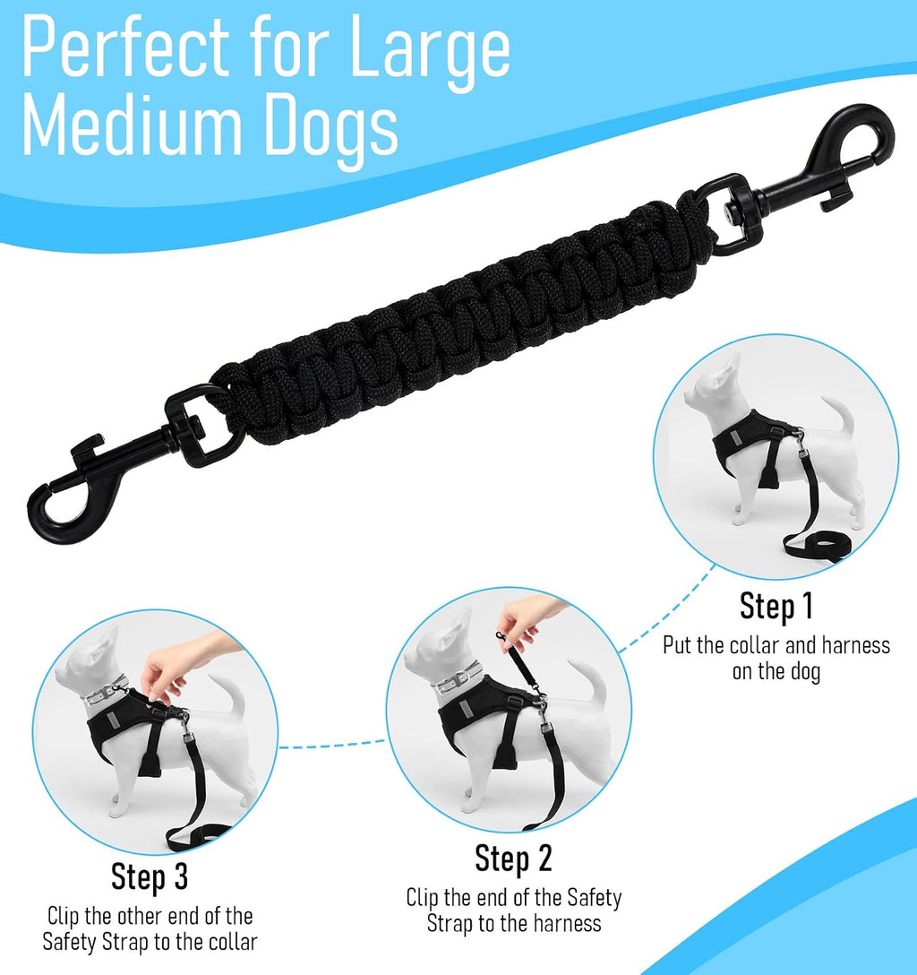 Black YUEPET dog safety clip preventing an escape by linking a training collar to a flat collar.