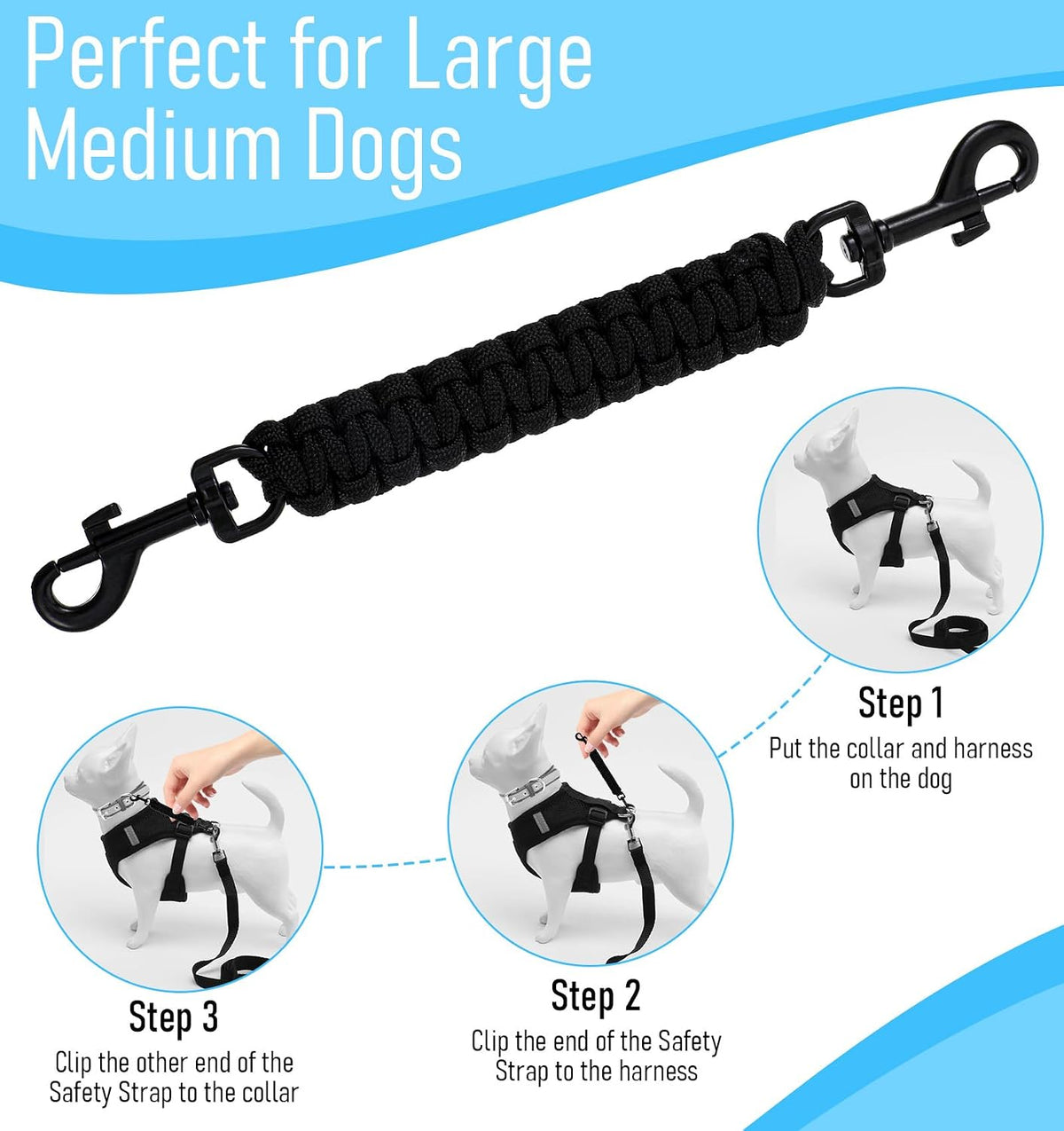 Black YUEPET dog safety clip preventing an escape by linking a training collar to a flat collar.