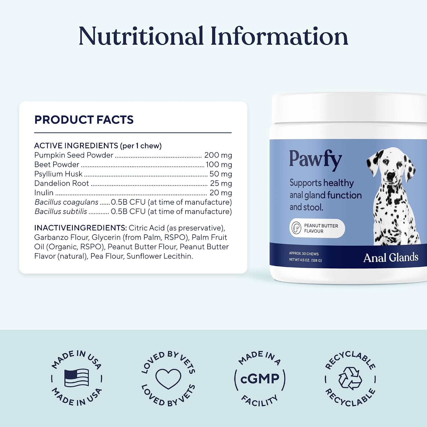 Close up of Pawfy digestive health supplement for dogs