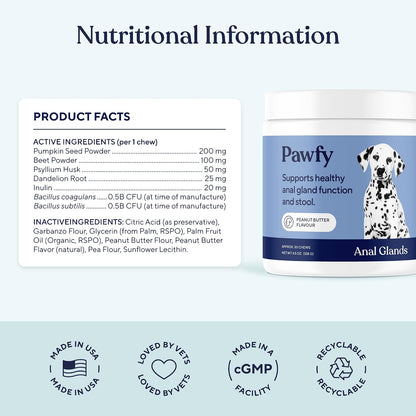 Close up of Pawfy digestive health supplement for dogs