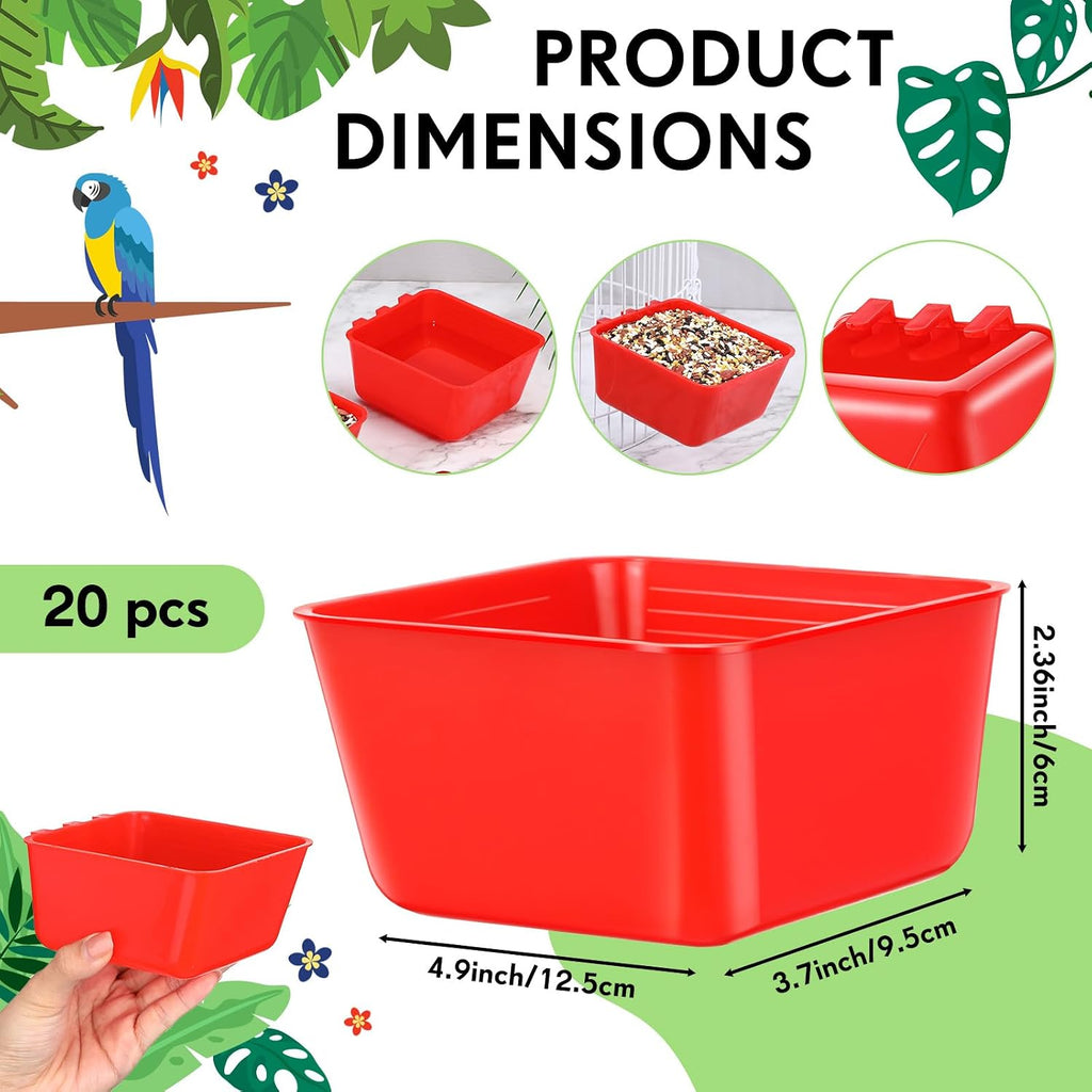Set of red plastic bird and rabbit food bowls for wire cages