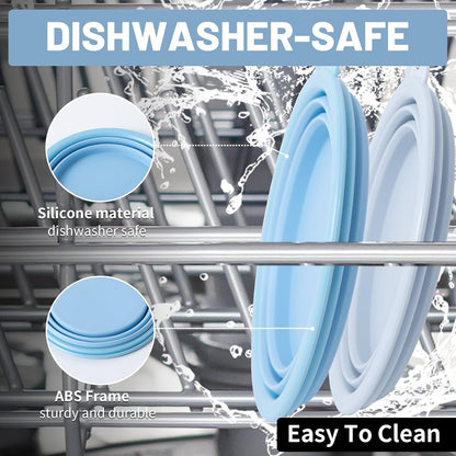 Side angle view of expanded macaron blue silicone collapsible pet dish