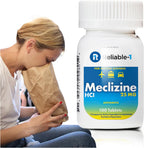 Reliable-1 Laboratories Meclizine HCL 25mg 100 Tablets front bottle view for motion sickness relief