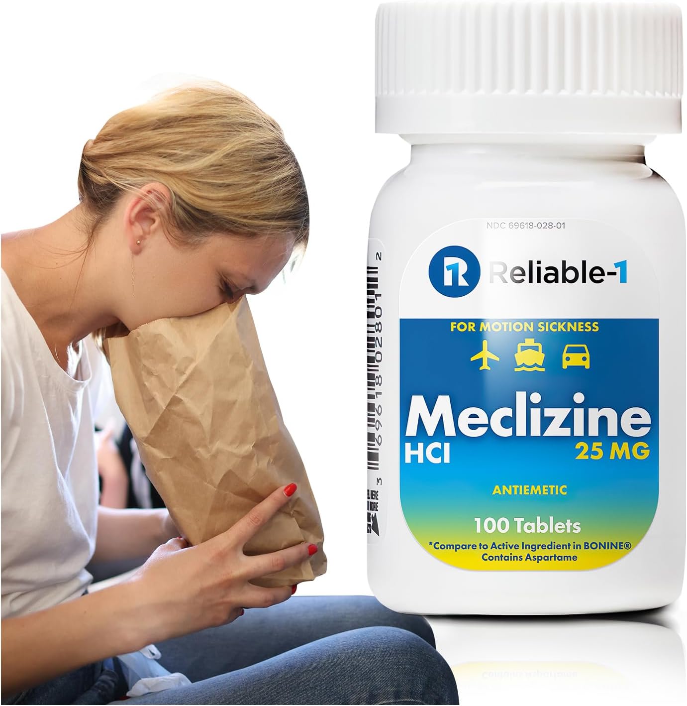 Reliable-1 Laboratories Meclizine HCL 25mg 100 Tablets front bottle view for motion sickness relief