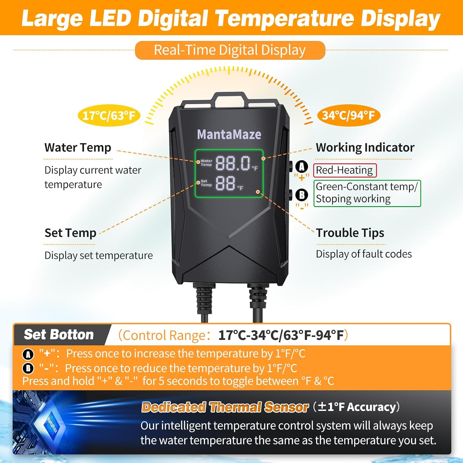 MantaMaze submersible aquarium heater with digital display