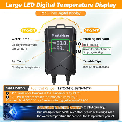 MantaMaze submersible aquarium heater with digital display