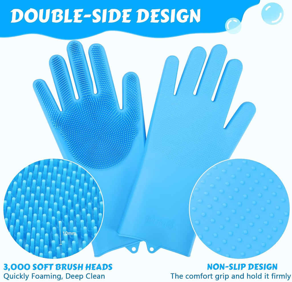 Person using Pecute blue silicone gloves to bathe a dog