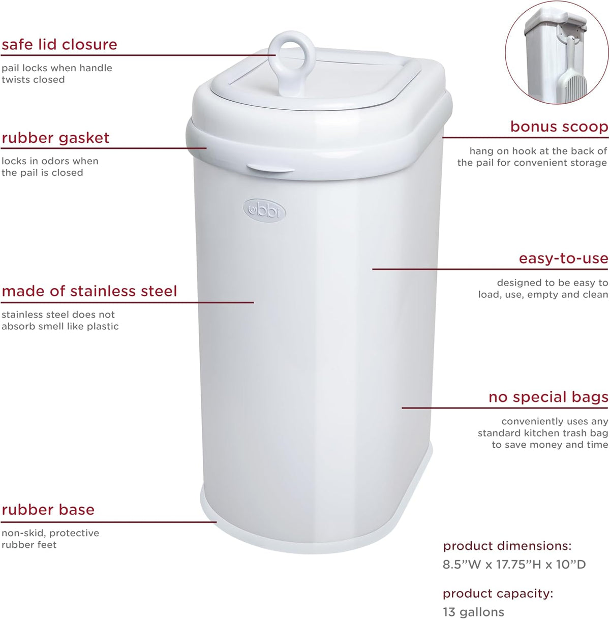 Ubbi pet waste pail showing rubber seal mechanism