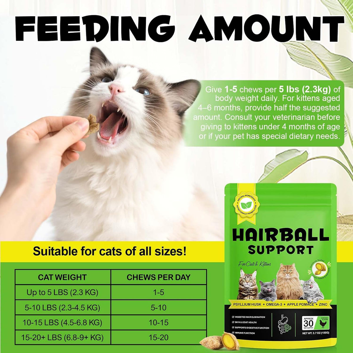 Natural fiber supplement for feline gut health and shiny coat condition.