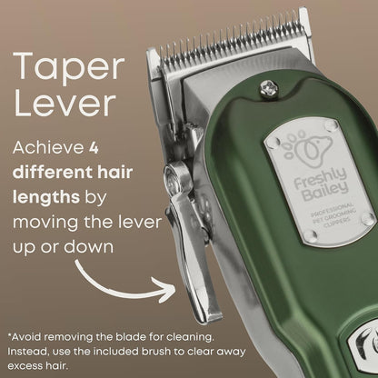 Freshly Bailey green cat clippers demonstrating safe mat trimming close-up