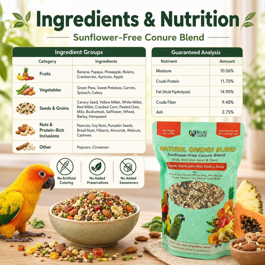 Birds LOVE conure bird seed mix lifestyle display