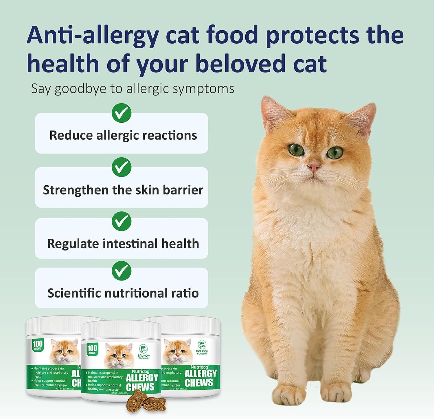 Carmelie allergy relief soft chews for cats highlighting benefits for itchy skin and seasonal paw licking.