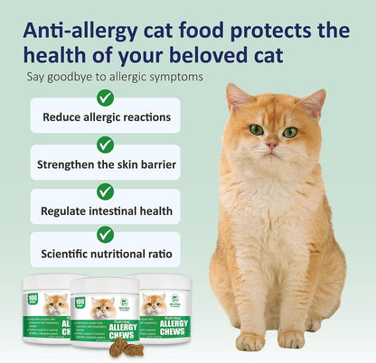 Carmelie allergy relief soft chews for cats highlighting benefits for itchy skin and seasonal paw licking.