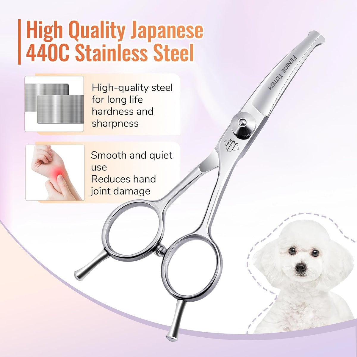 Ergonomic handles and bumper silencer detail on the Trixie pet shears.