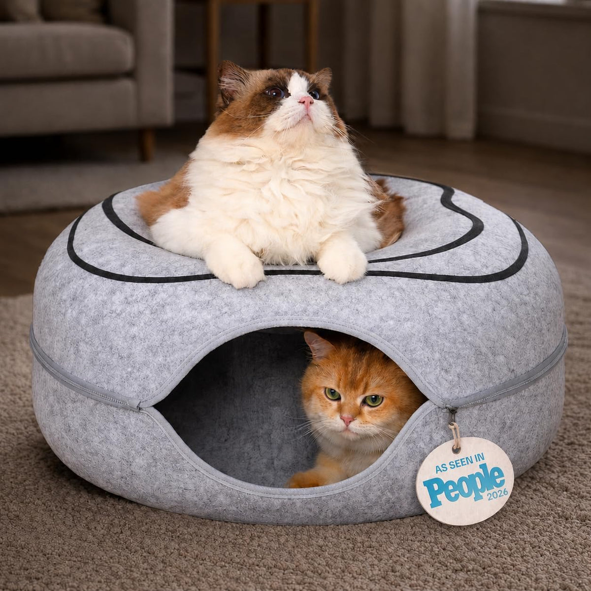 Peekaboo Cat Cave Donut - Cat Tunnel Bed for Indoor Cats - Cute Patterns Hideaway for Multiple & Large Cats, Scratch-Resistant (Dark Gray) - Image 11