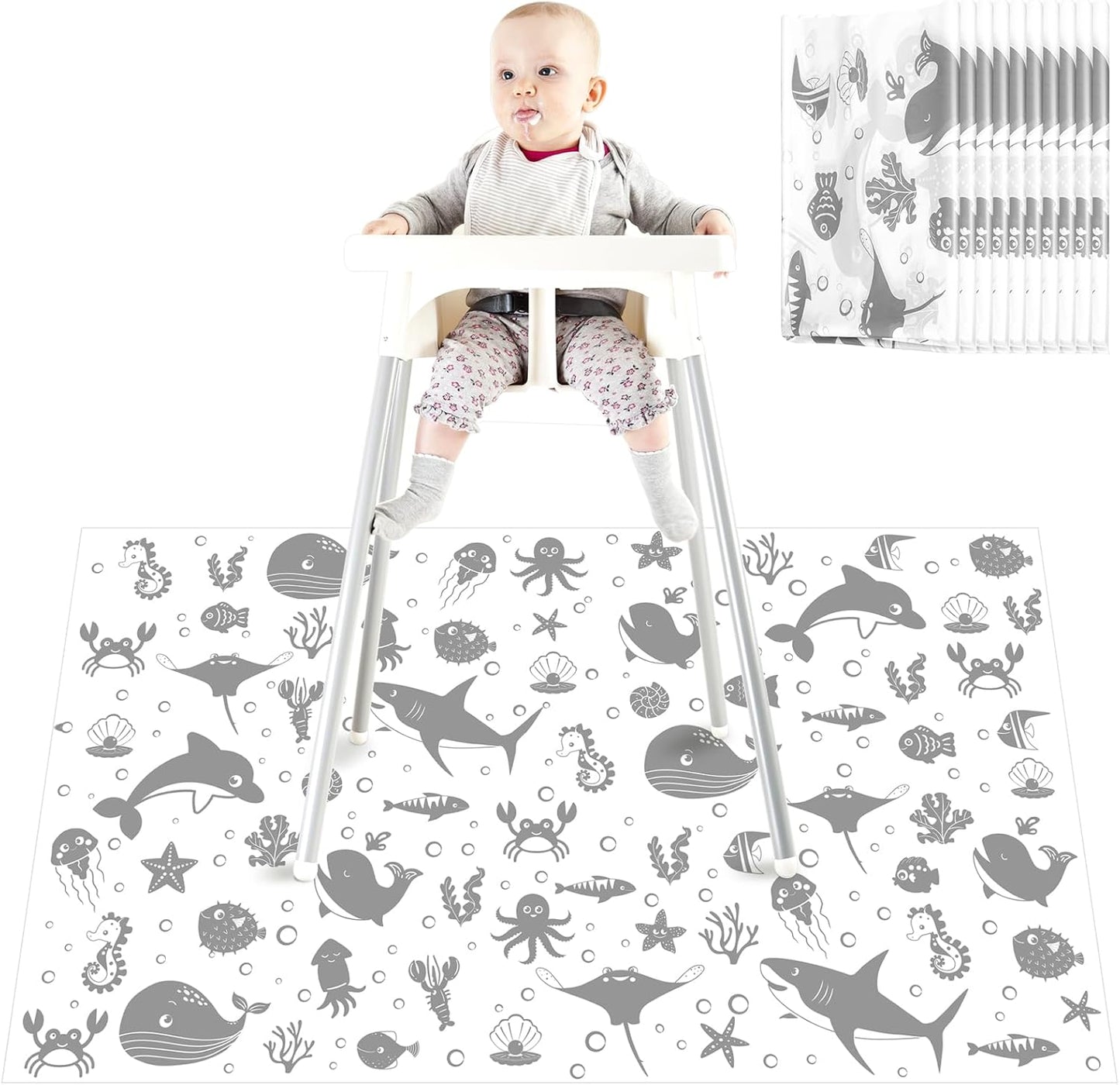 Drydiet disposable floor splat mat pack laid flat showing blue sea animal print.