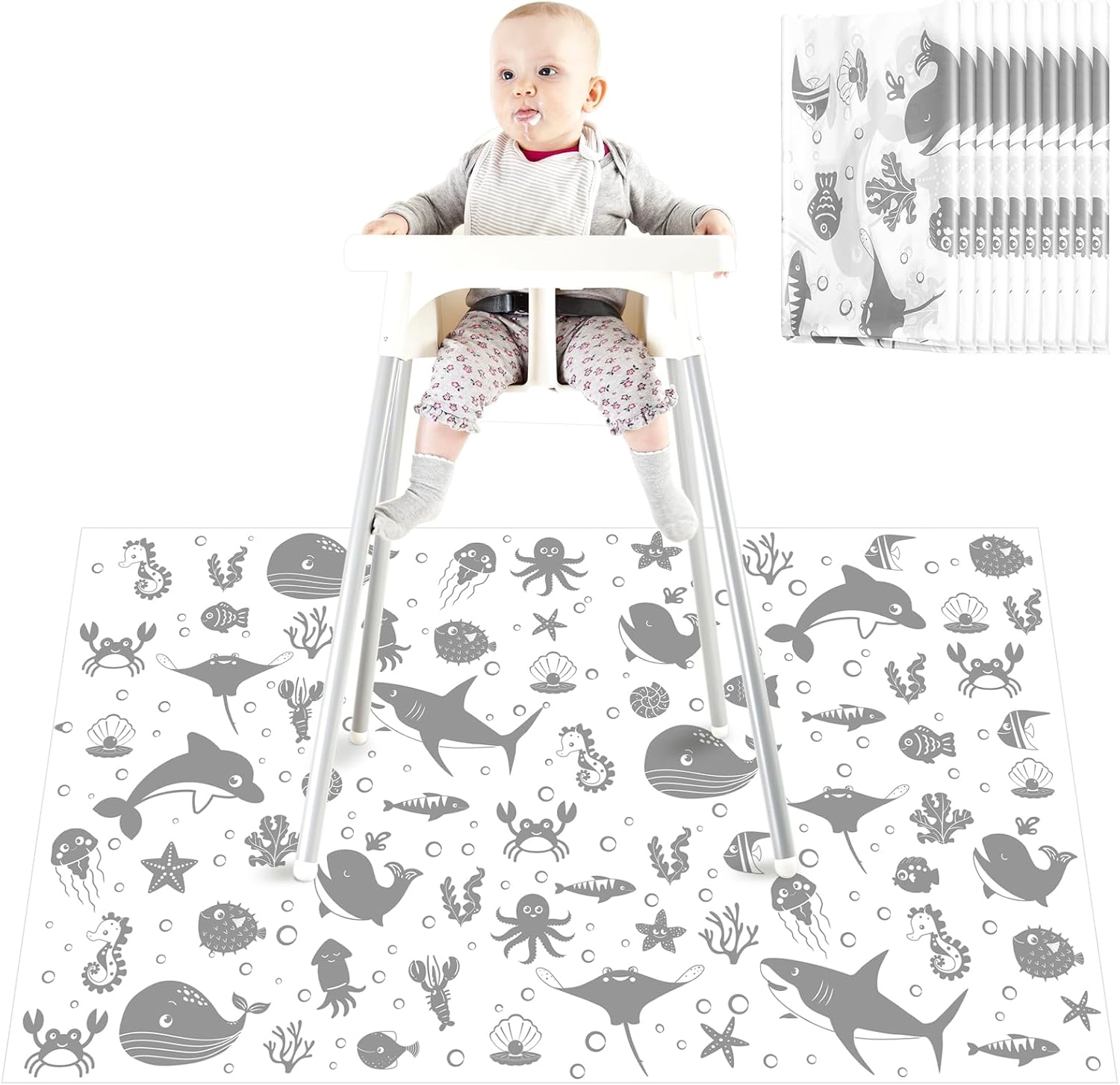 Drydiet disposable floor splat mat pack laid flat showing blue sea animal print.