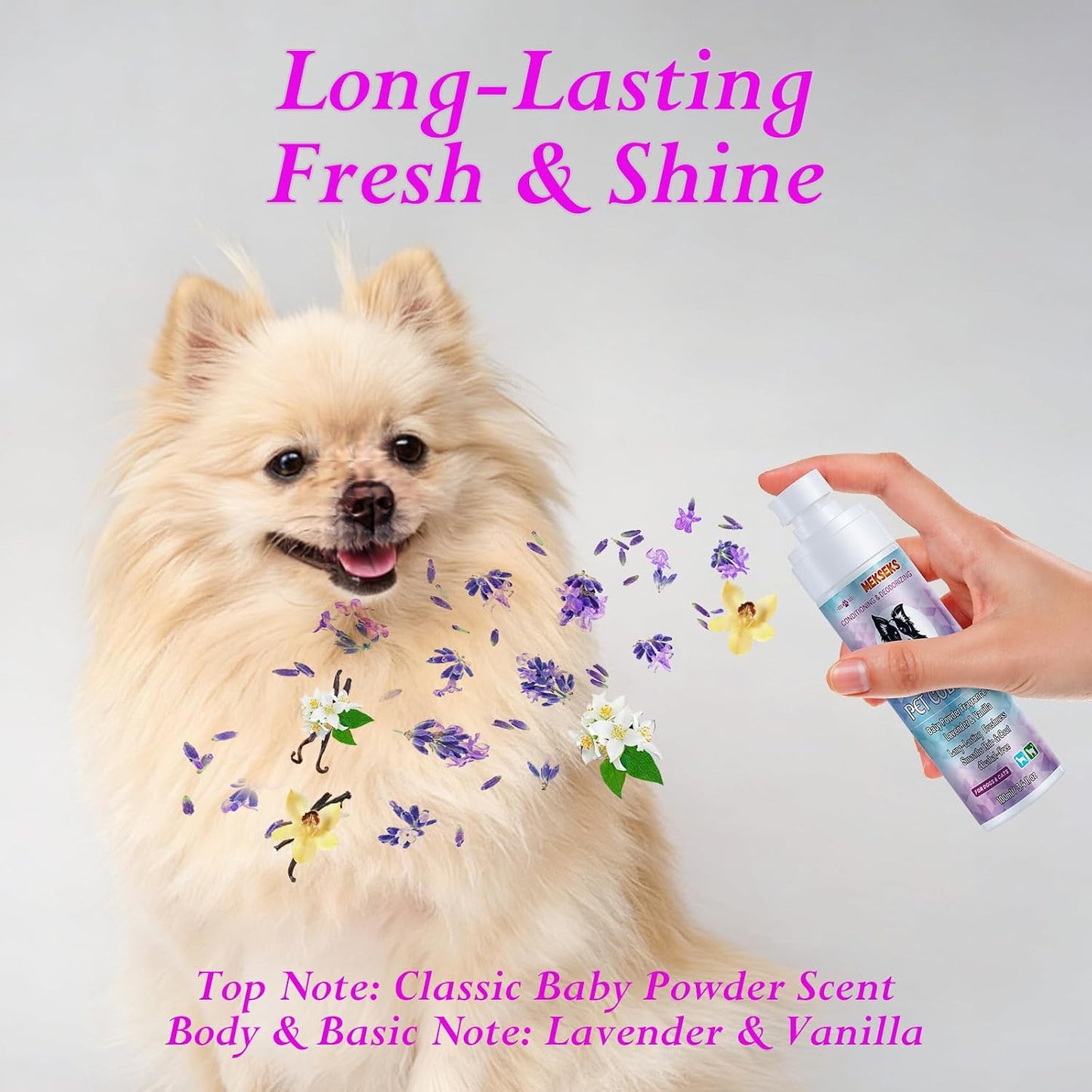Pet perfume conditioner bottle showing baby powder scent variant.
